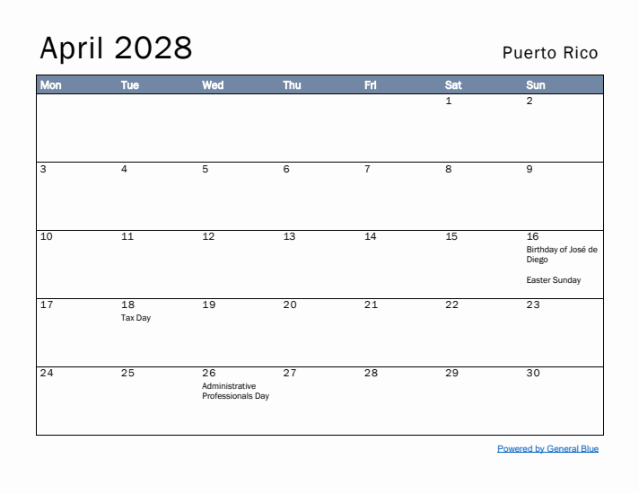 April 2028 Simple Monthly Calendar for Puerto Rico