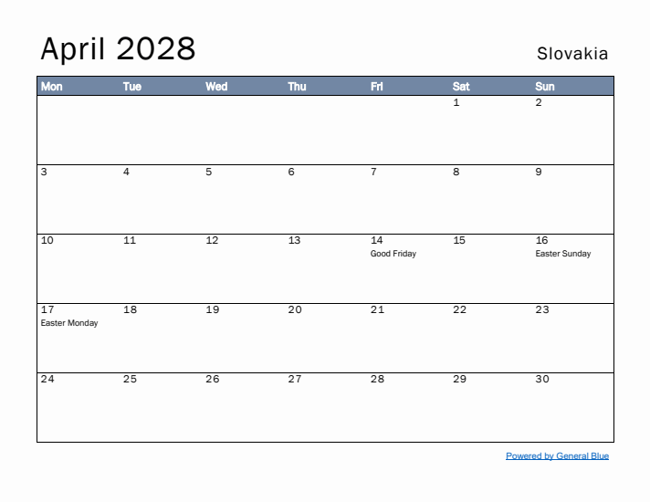 April 2028 Simple Monthly Calendar for Slovakia