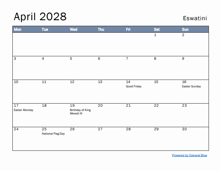 April 2028 Simple Monthly Calendar for Eswatini