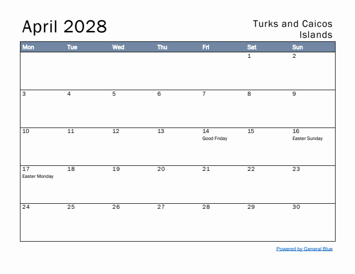 April 2028 Simple Monthly Calendar for Turks and Caicos Islands