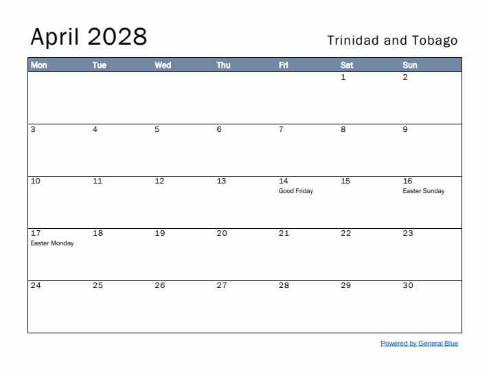 April 2028 Simple Monthly Calendar for Trinidad and Tobago