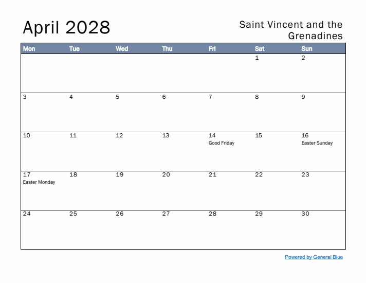 April 2028 Simple Monthly Calendar for Saint Vincent and the Grenadines