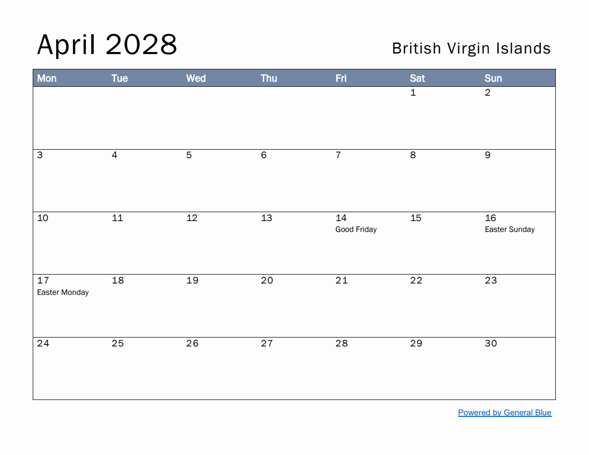 Free Monthly Calendar Template for April 2028 with British Virgin ...