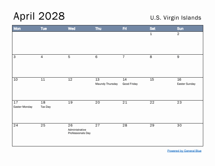 April 2028 Simple Monthly Calendar for U.S. Virgin Islands