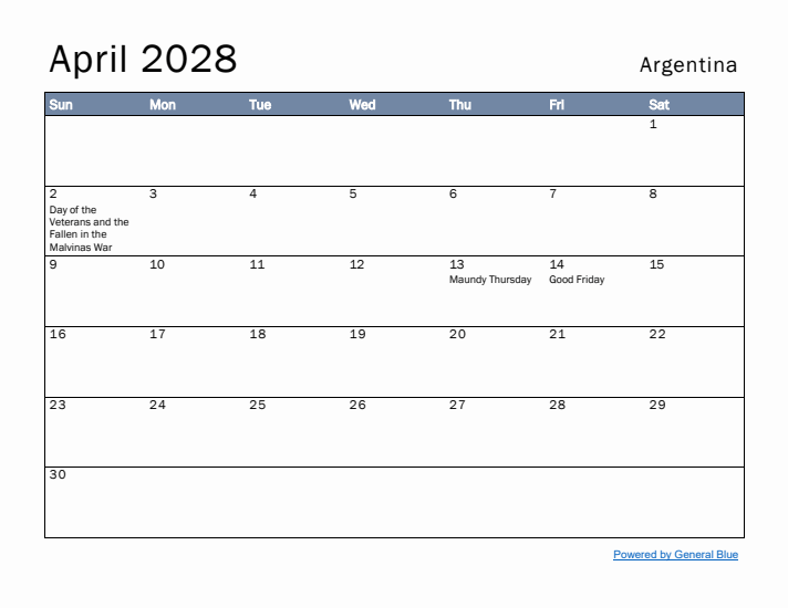 April 2028 Simple Monthly Calendar for Argentina