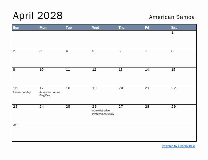 April 2028 Simple Monthly Calendar for American Samoa