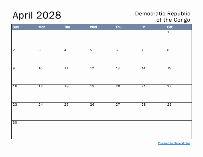 April 2028 Simple Monthly Calendar for Democratic Republic of the Congo