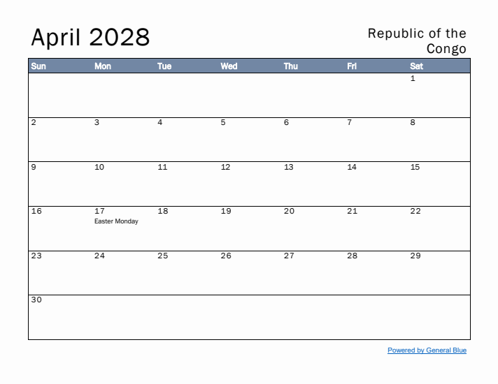 April 2028 Simple Monthly Calendar for Republic of the Congo