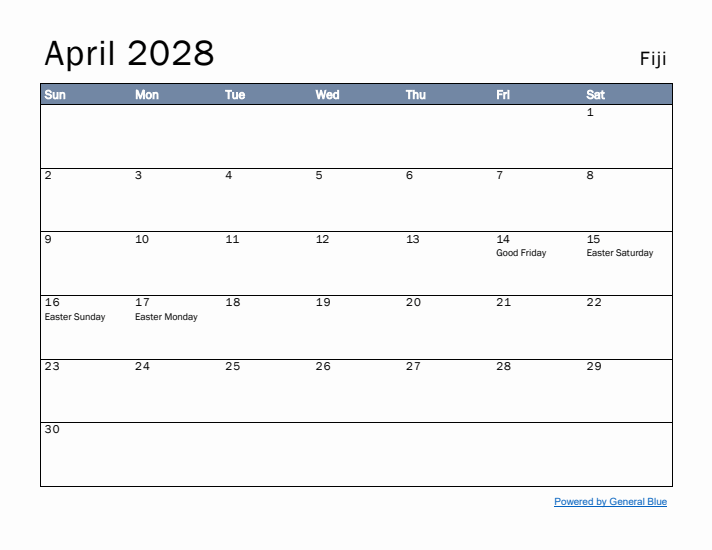 April 2028 Simple Monthly Calendar for Fiji