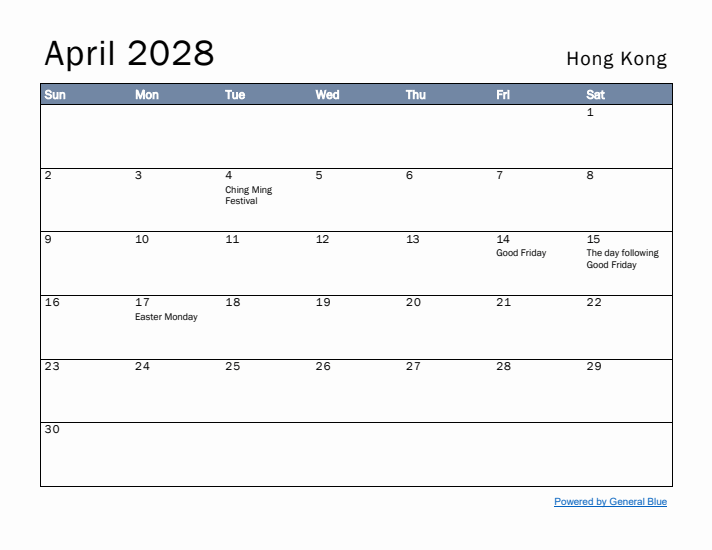 April 2028 Simple Monthly Calendar for Hong Kong