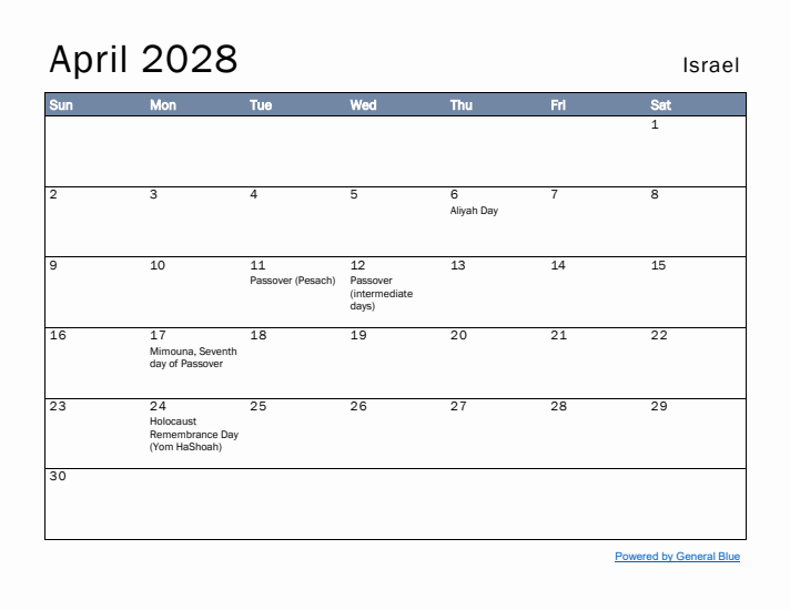 April 2028 Simple Monthly Calendar for Israel