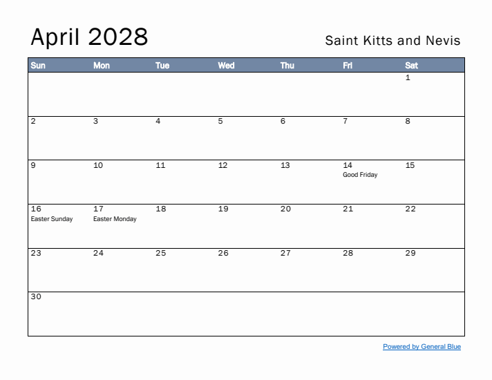 April 2028 Simple Monthly Calendar for Saint Kitts and Nevis