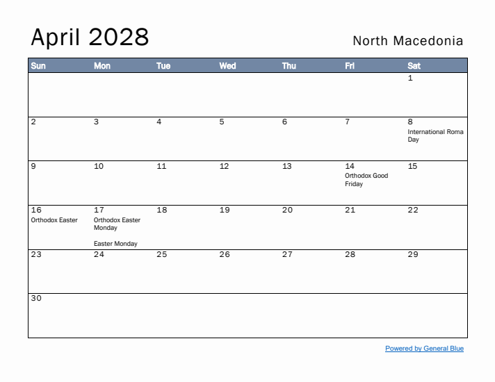 April 2028 Simple Monthly Calendar for North Macedonia