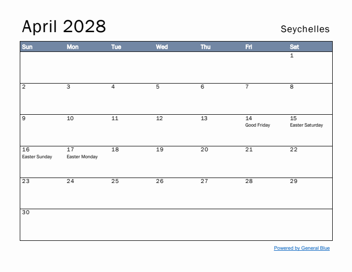 April 2028 Simple Monthly Calendar for Seychelles