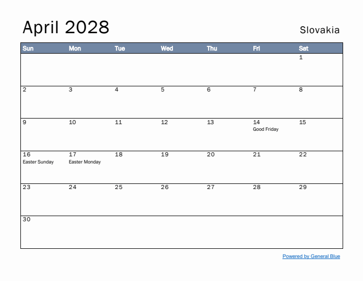 April 2028 Simple Monthly Calendar for Slovakia