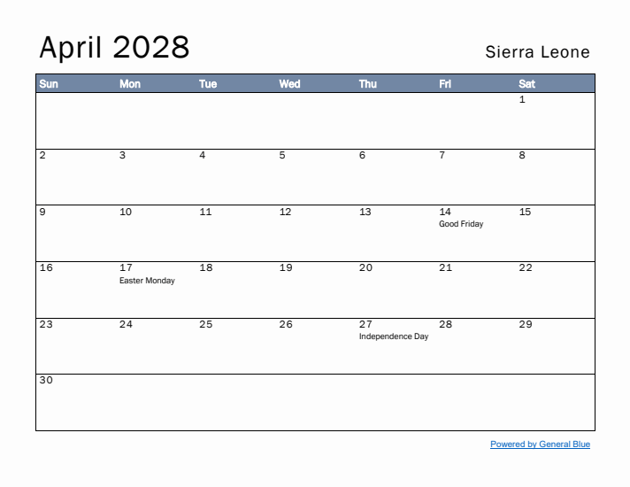 April 2028 Simple Monthly Calendar for Sierra Leone