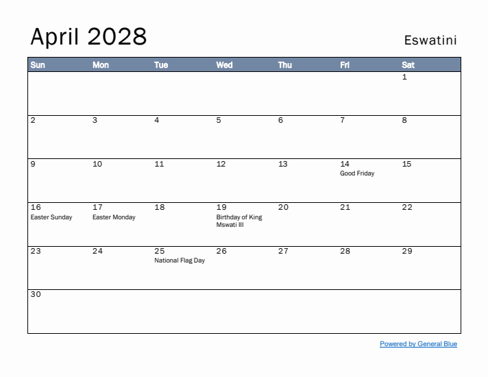 April 2028 Simple Monthly Calendar for Eswatini