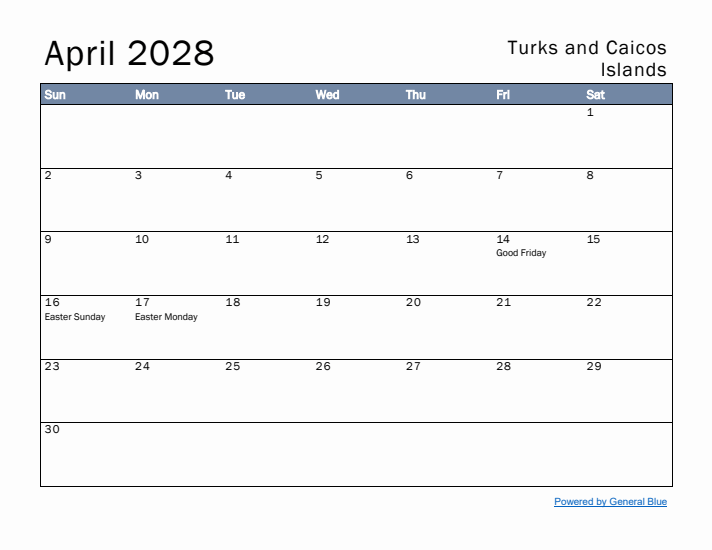 April 2028 Simple Monthly Calendar for Turks and Caicos Islands