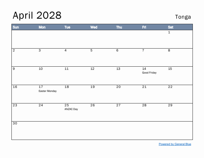 April 2028 Simple Monthly Calendar for Tonga
