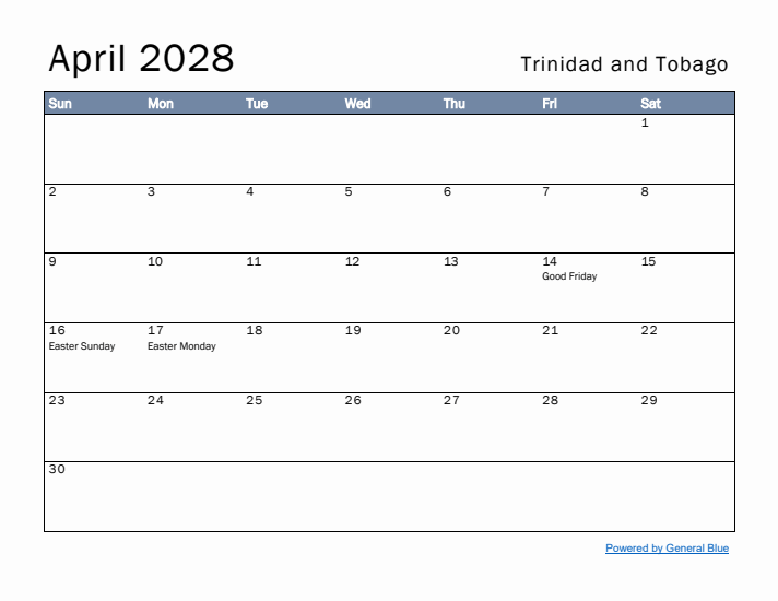 April 2028 Simple Monthly Calendar for Trinidad and Tobago
