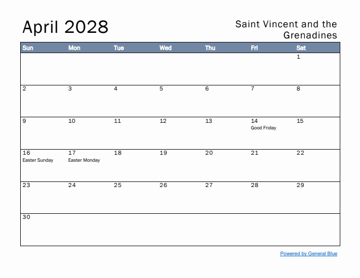 April 2028 Simple Monthly Calendar for Saint Vincent and the Grenadines