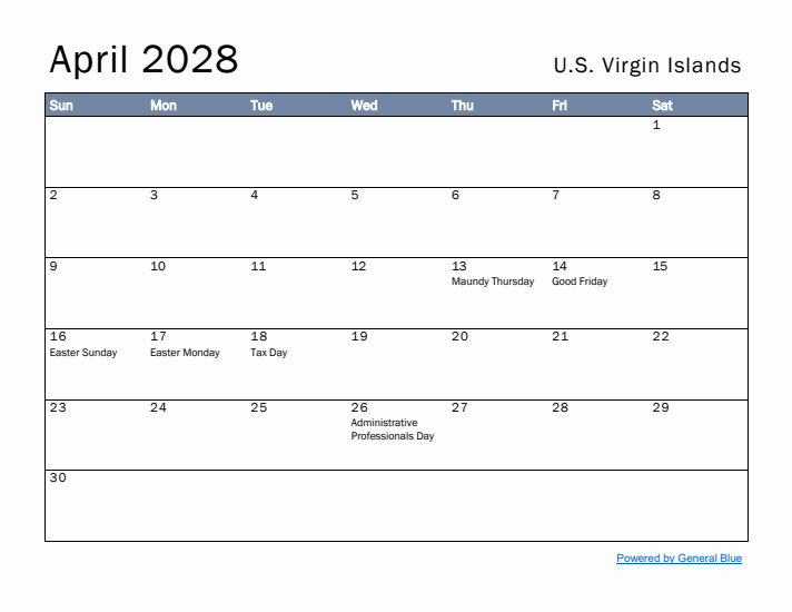 April 2028 Simple Monthly Calendar for U.S. Virgin Islands