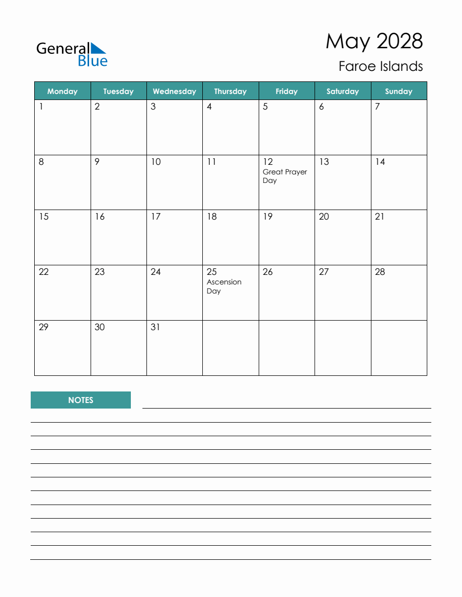 Monthly Planner with Faroe Islands Holidays - May 2028