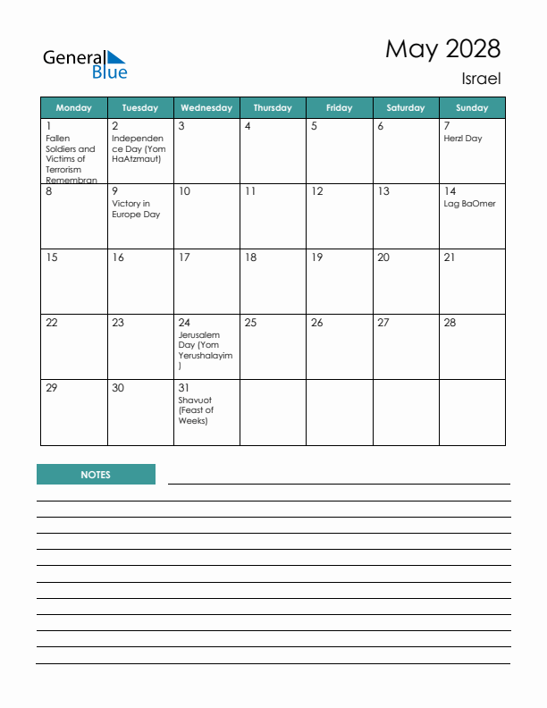 Calendar with Notes Printable - Monday Start