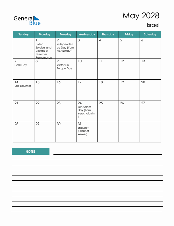 Calendar with Notes Printable - Sunday Start