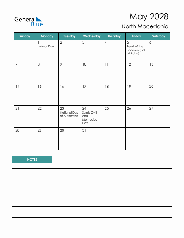 Calendar with Notes Printable - Sunday Start