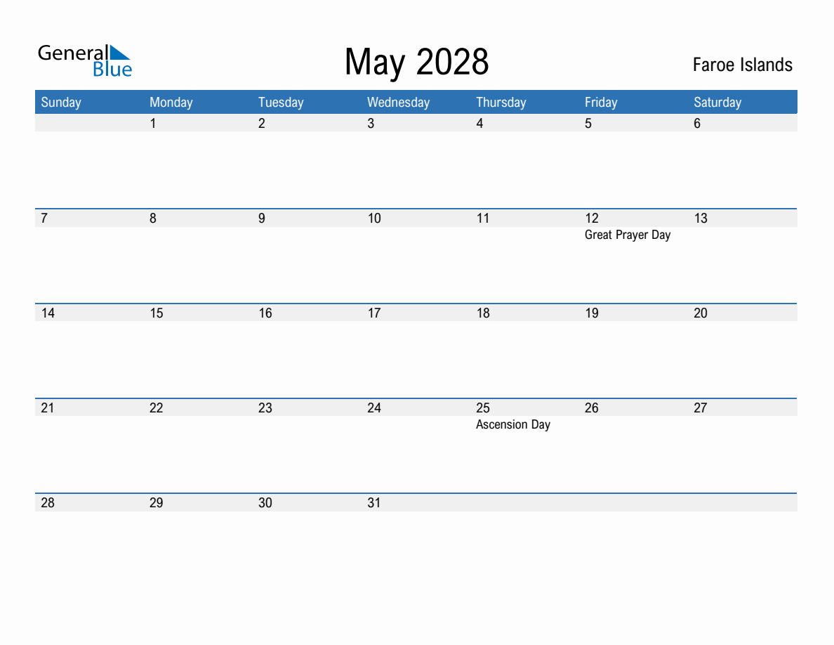Editable May 2028 Calendar with Faroe Islands Holidays