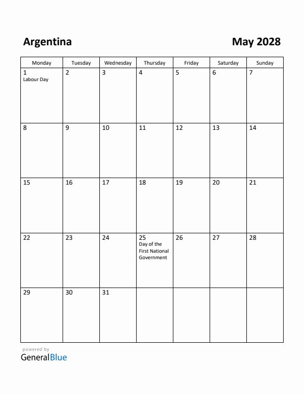 May 2028 Calendar with Argentina Holidays