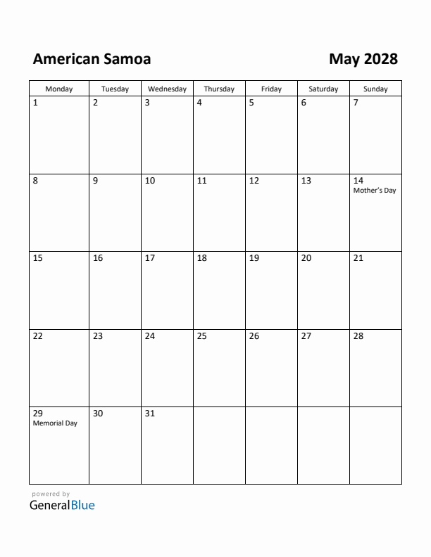 May 2028 Calendar with American Samoa Holidays