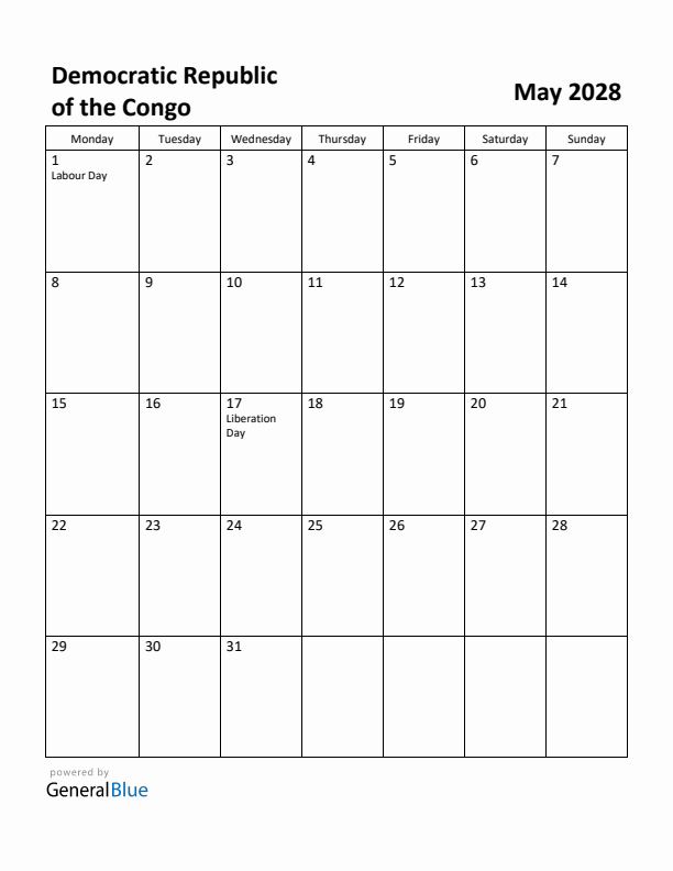May 2028 Calendar with Democratic Republic of the Congo Holidays
