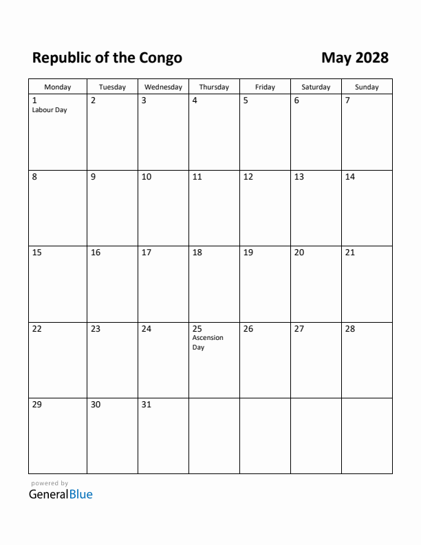 May 2028 Calendar with Republic of the Congo Holidays