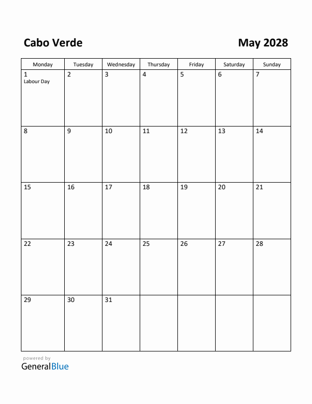May 2028 Calendar with Cabo Verde Holidays