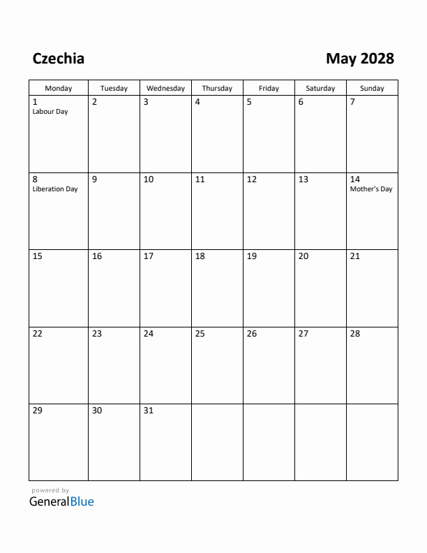May 2028 Calendar with Czechia Holidays