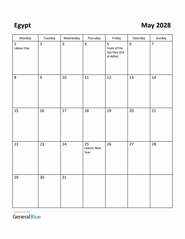 May 2028 Calendar with Egypt Holidays