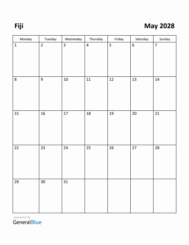 May 2028 Calendar with Fiji Holidays
