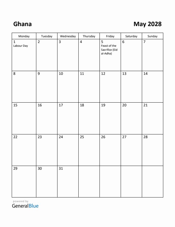 May 2028 Calendar with Ghana Holidays