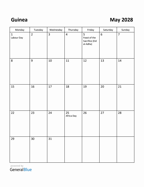 May 2028 Calendar with Guinea Holidays