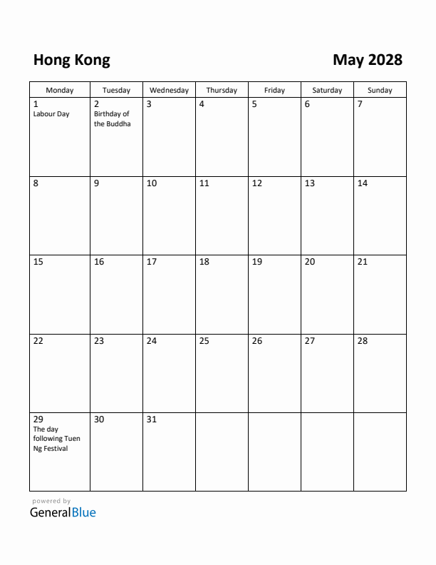 May 2028 Calendar with Hong Kong Holidays