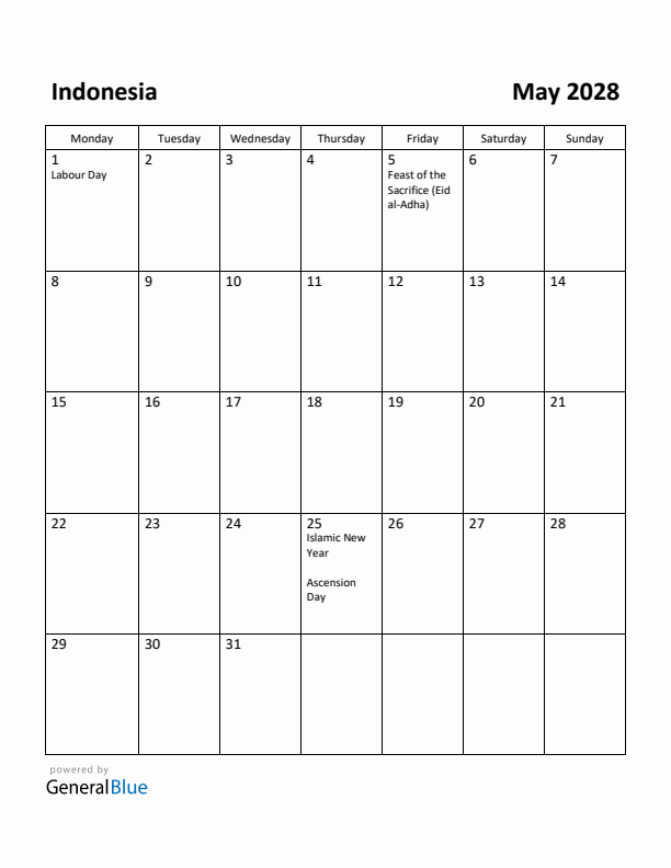 May 2028 Calendar with Indonesia Holidays
