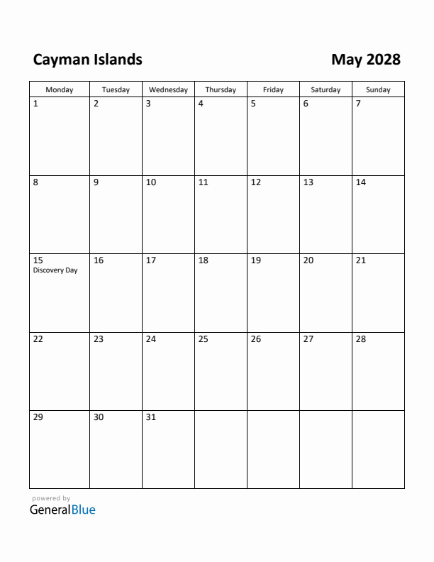 May 2028 Calendar with Cayman Islands Holidays