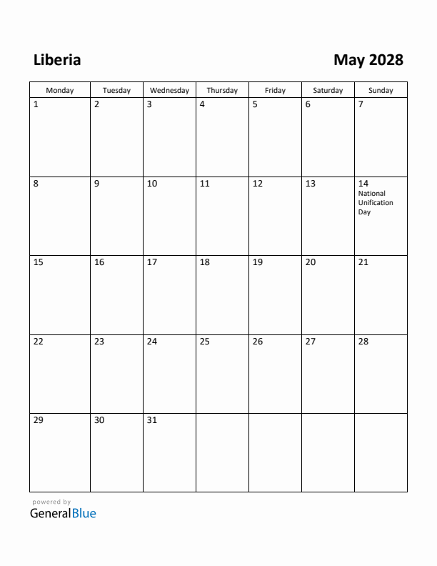 May 2028 Calendar with Liberia Holidays