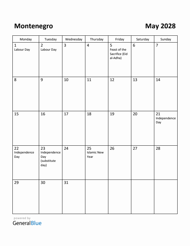 May 2028 Calendar with Montenegro Holidays