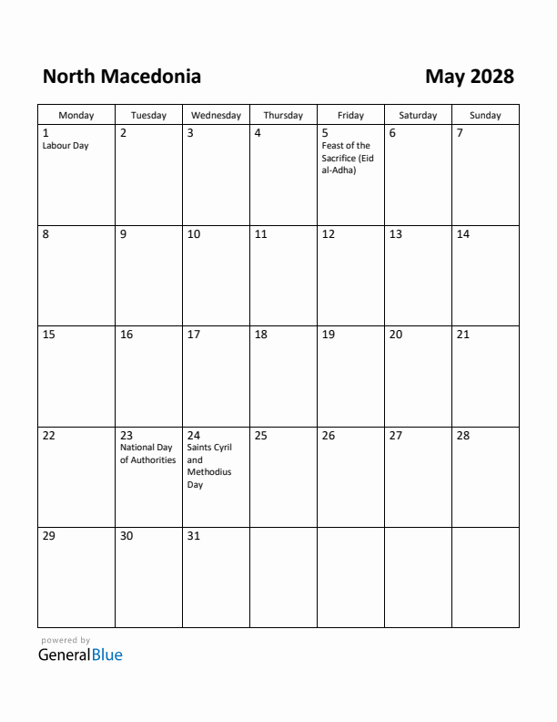 May 2028 Calendar with North Macedonia Holidays