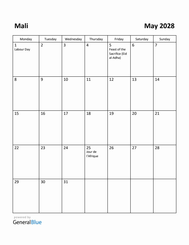 May 2028 Calendar with Mali Holidays