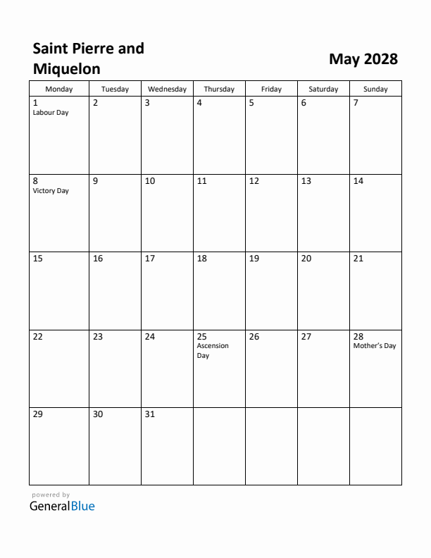 May 2028 Calendar with Saint Pierre and Miquelon Holidays