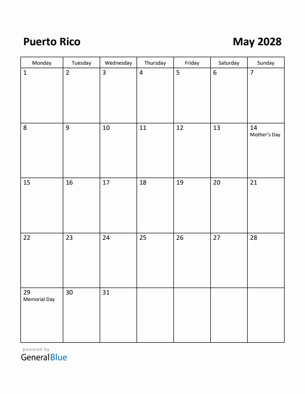 May 2028 Calendar with Puerto Rico Holidays